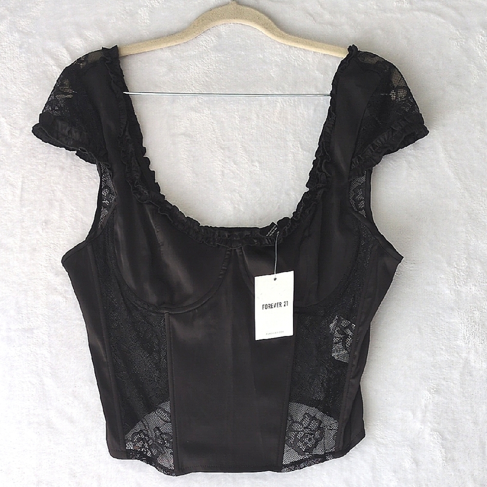 Forever 21 Juniors Black Satin Mesh Lined Corset Bustier Top‎ Size L